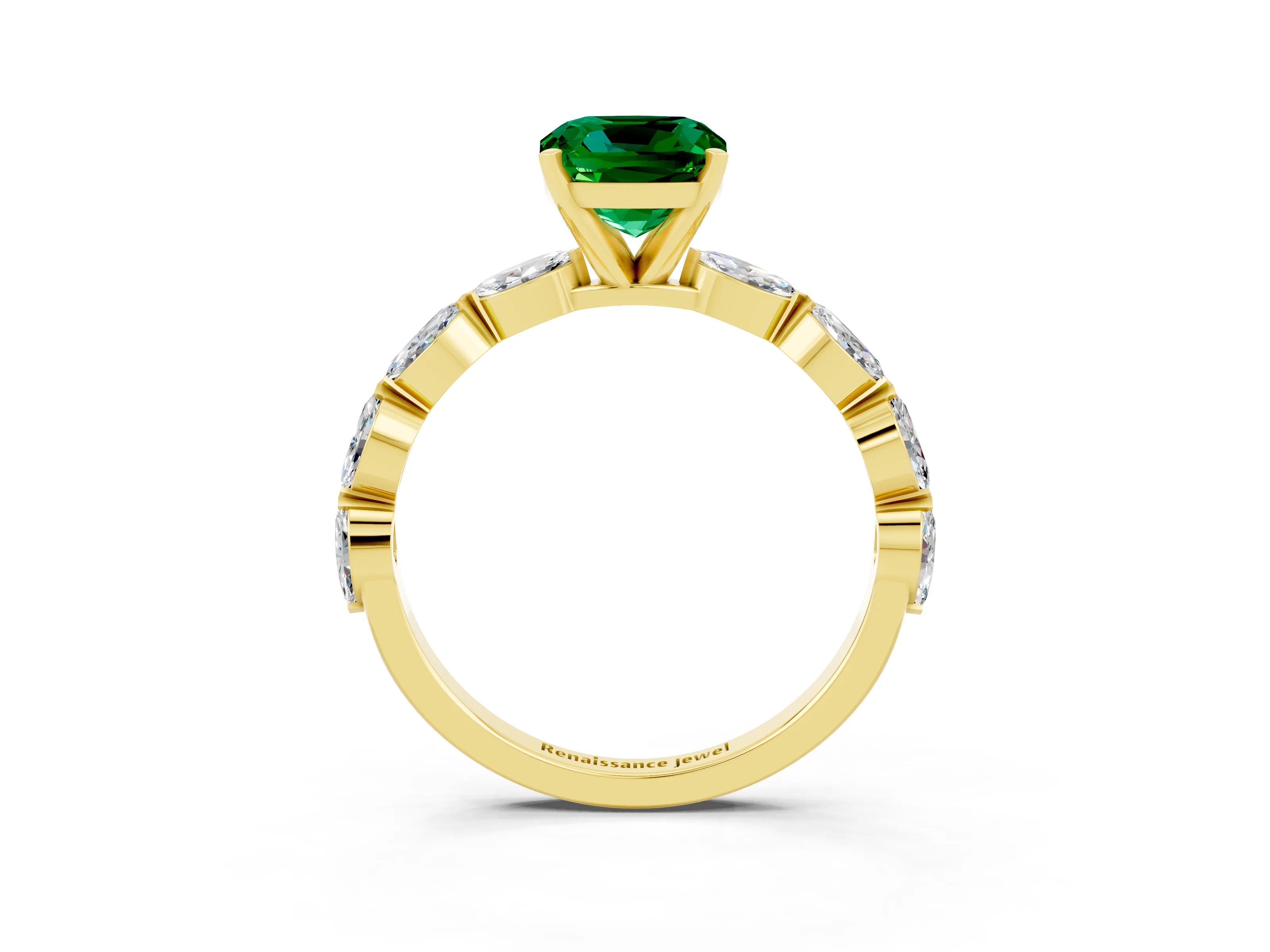Yellow gold Cushion Cut Emerald Ring with Marquise Side Stones and Prong Setting_3
