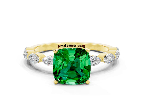 Yellow gold Cushion Cut Emerald Ring with Marquise Side Stones and Prong Setting