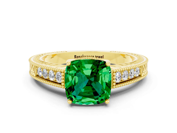 Yellow gold Cushion Cut Emerald Ring with Milgrain Pavé Band and Four-Prong Setting