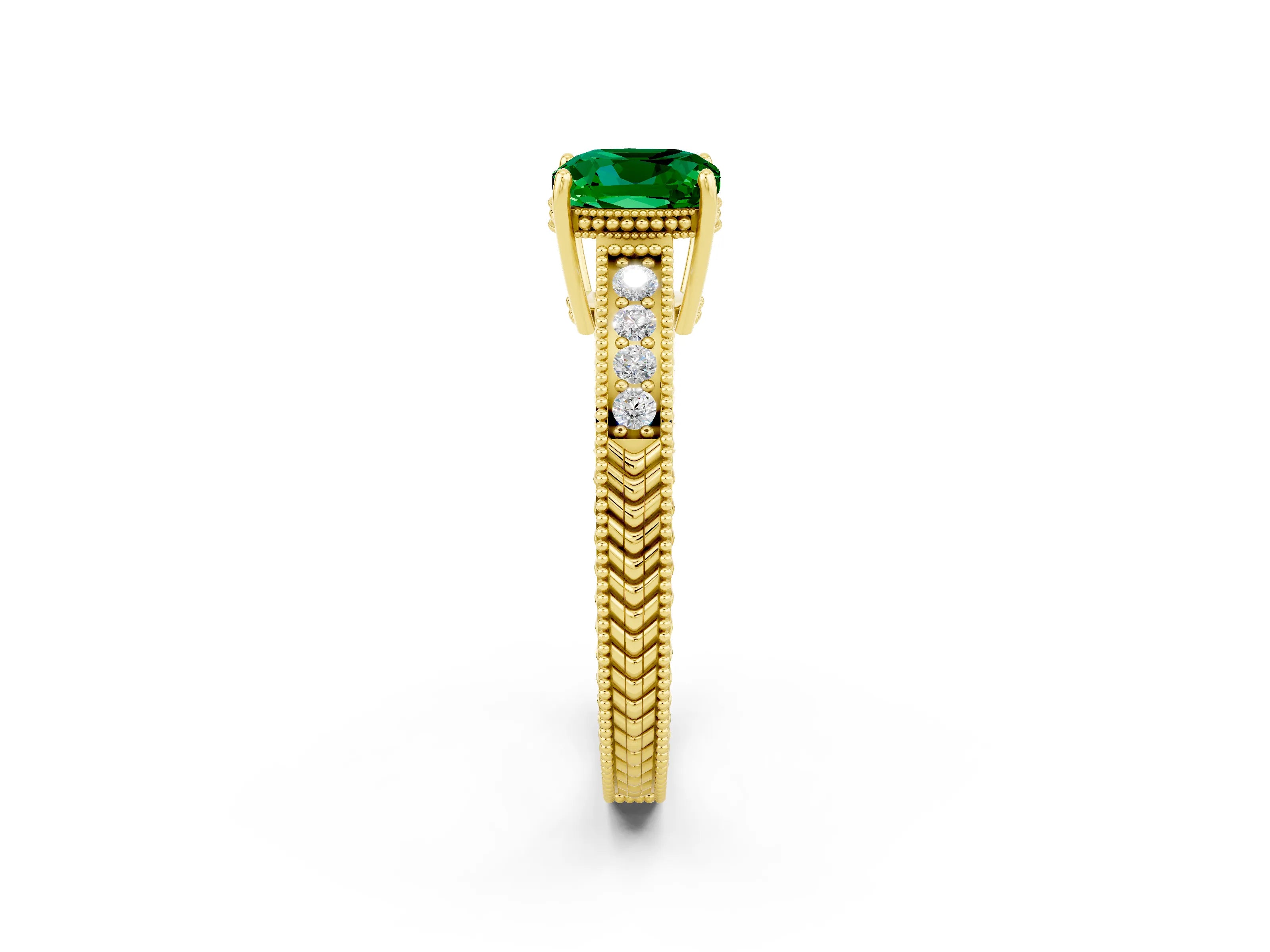 Yellow gold Cushion Cut Emerald Ring with Milgrain Pavé Band and Four-Prong Setting_14