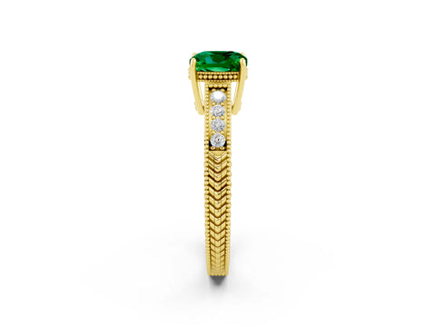 Yellow gold Cushion Cut Emerald Ring with Milgrain Pavé Band and Four-Prong Setting_14