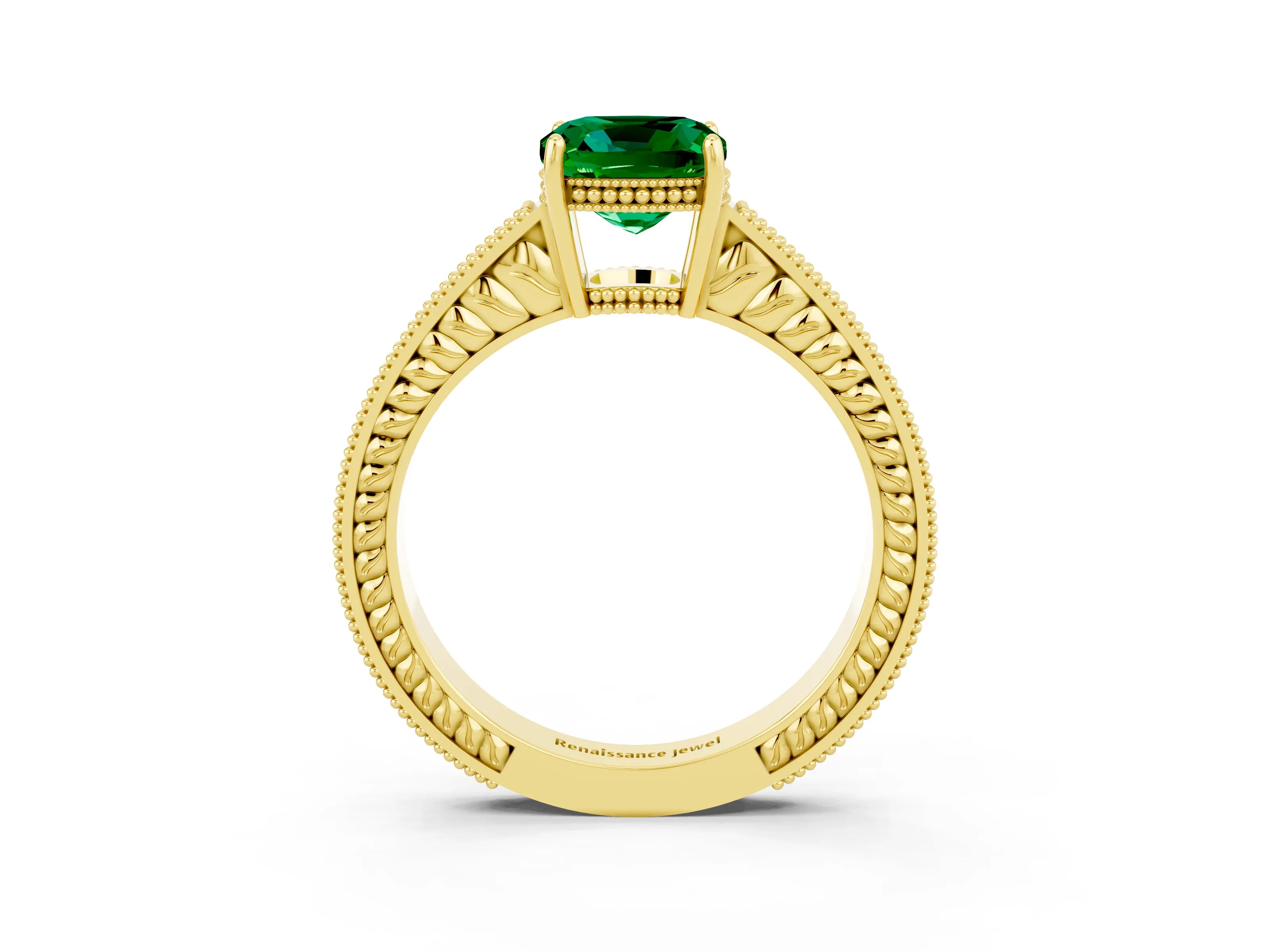 Yellow gold Cushion Cut Emerald Ring with Milgrain Pavé Band and Four-Prong Setting_15