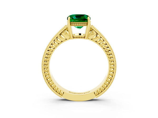 Yellow gold Cushion Cut Emerald Ring with Milgrain Pavé Band and Four-Prong Setting