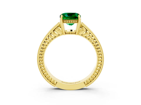 Yellow gold Cushion Cut Emerald Ring with Milgrain Pavé Band and Four-Prong Setting_15