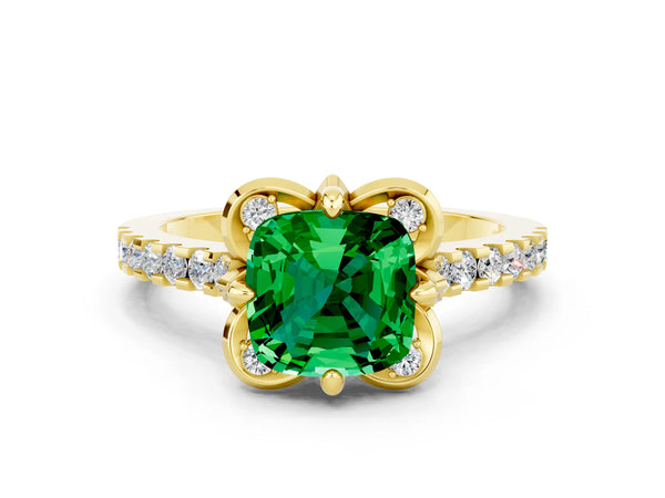 Yellow gold Cushion Cut Emerald Ring with Pavé Band and Floral Prong Setting
