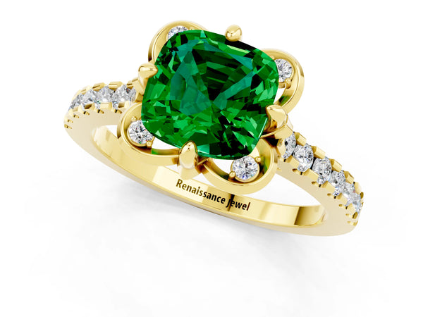 Yellow gold Cushion Cut Emerald Ring with Pavé Band and Floral Prong Setting