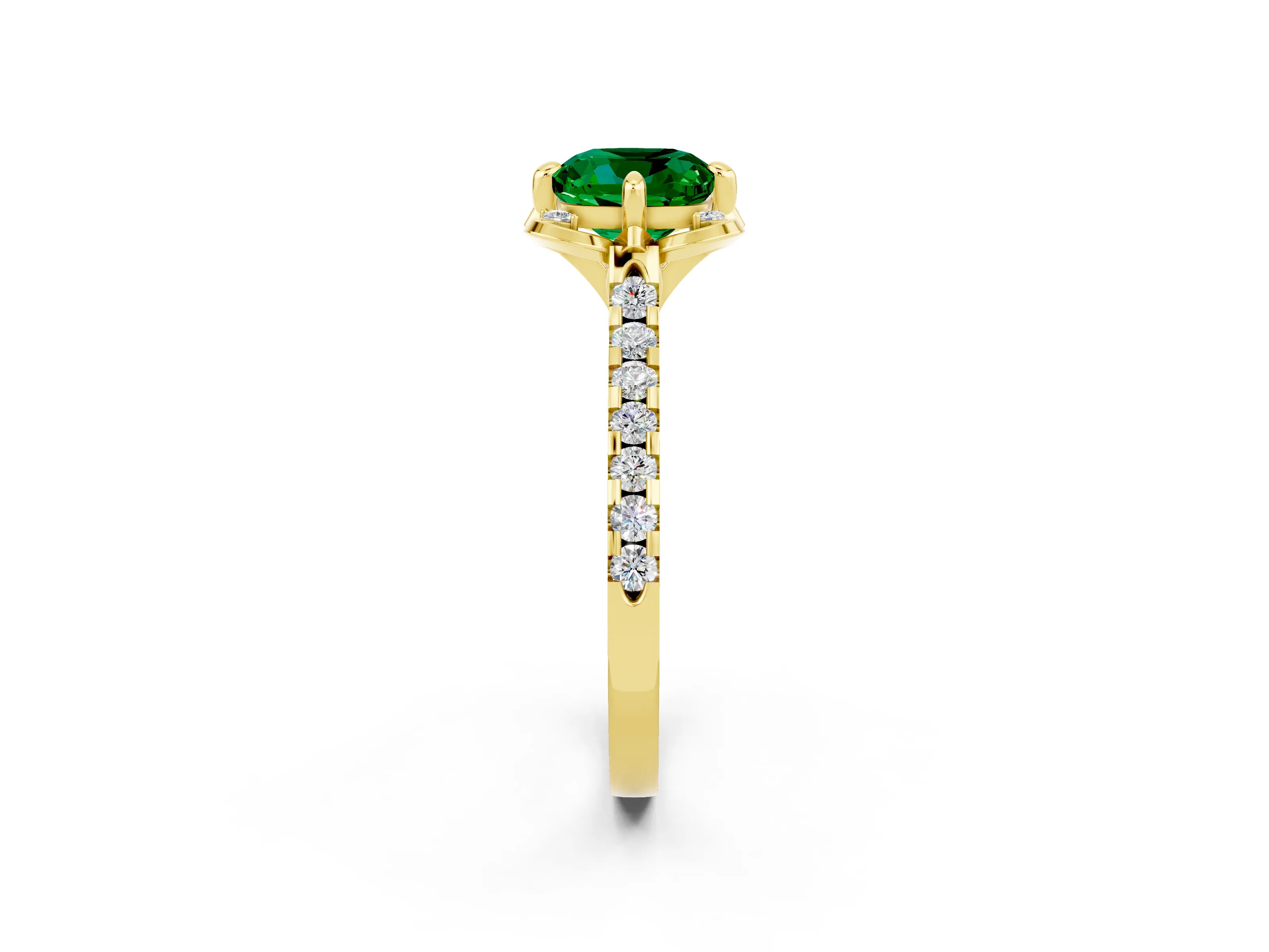 Yellow gold Cushion Cut Emerald Ring with Pavé Band and Floral Prong Setting_2