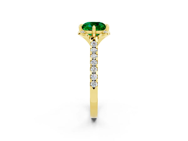 Yellow gold Cushion Cut Emerald Ring with Pavé Band and Floral Prong Setting