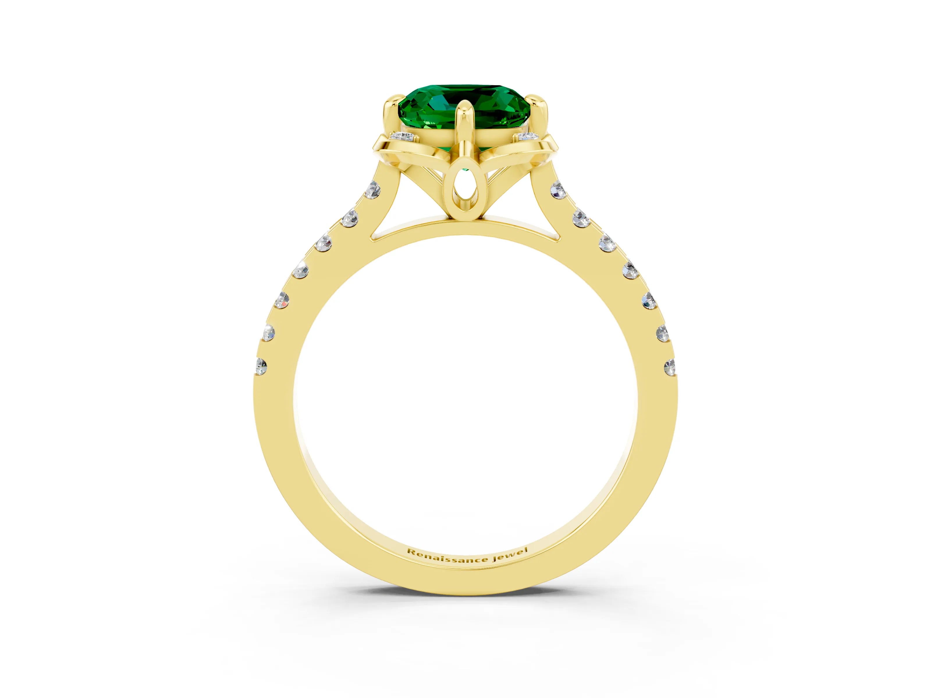 Yellow gold Cushion Cut Emerald Ring with Pavé Band and Floral Prong Setting_3