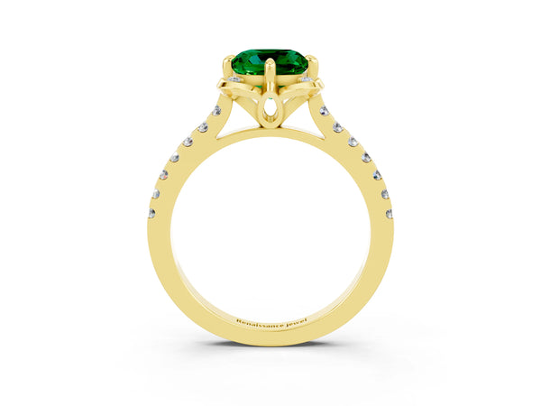 Yellow gold Cushion Cut Emerald Ring with Pavé Band and Floral Prong Setting