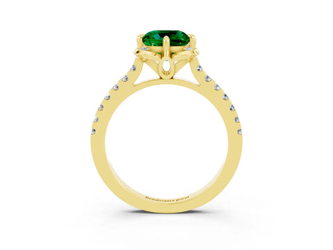 Yellow gold Cushion Cut Emerald Ring with Pavé Band and Floral Prong Setting_3