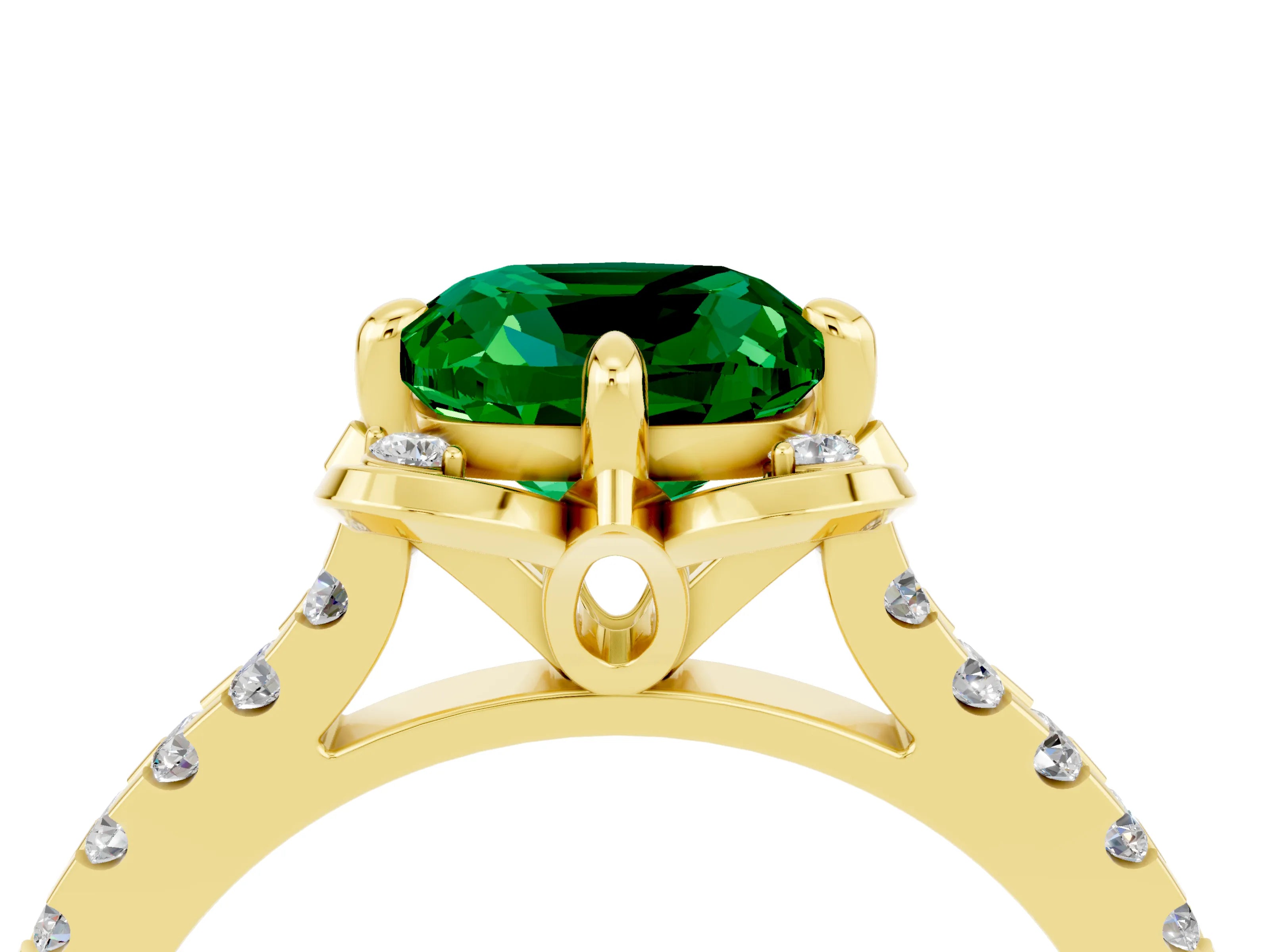 Yellow gold Cushion Cut Emerald Ring with Pavé Band and Floral Prong Setting_4