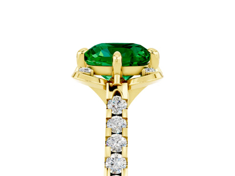 Yellow gold Cushion Cut Emerald Ring with Pavé Band and Floral Prong Setting_5