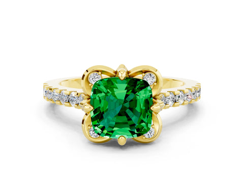 Yellow gold Cushion Cut Emerald Ring with Pavé Band and Floral Prong Setting