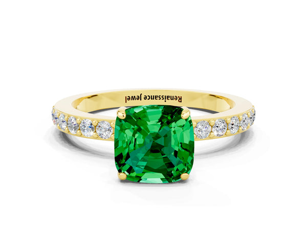 Yellow gold Cushion Cut Emerald Pavé Engagement Ring with Round  Accents and Prong Setting