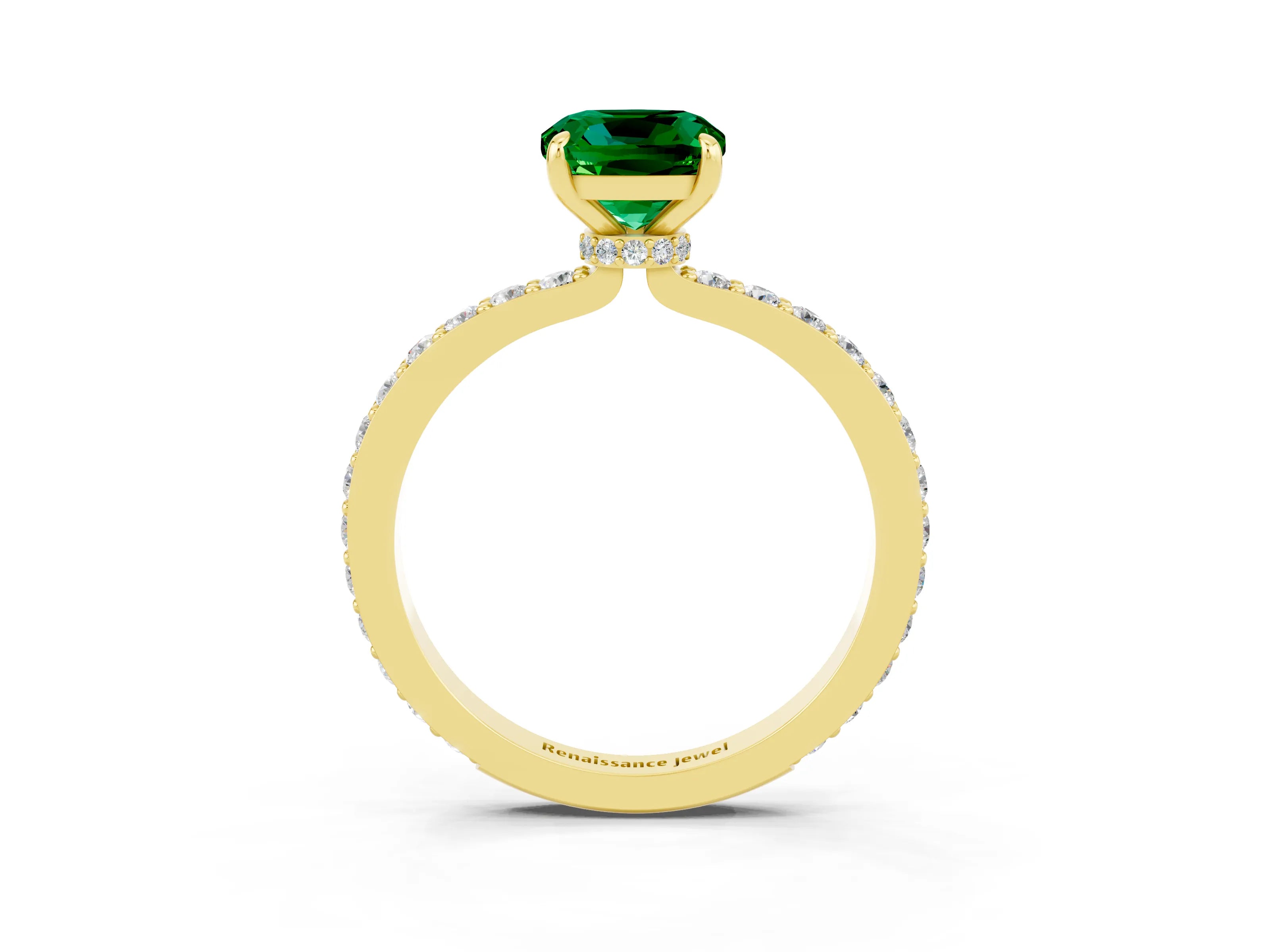 Yellow gold Cushion Cut Emerald Ring with Pavé Band and Four-Prong Setting_3