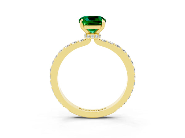Yellow gold Cushion Cut Emerald Pavé Engagement Ring with Round  Accents and Prong Setting