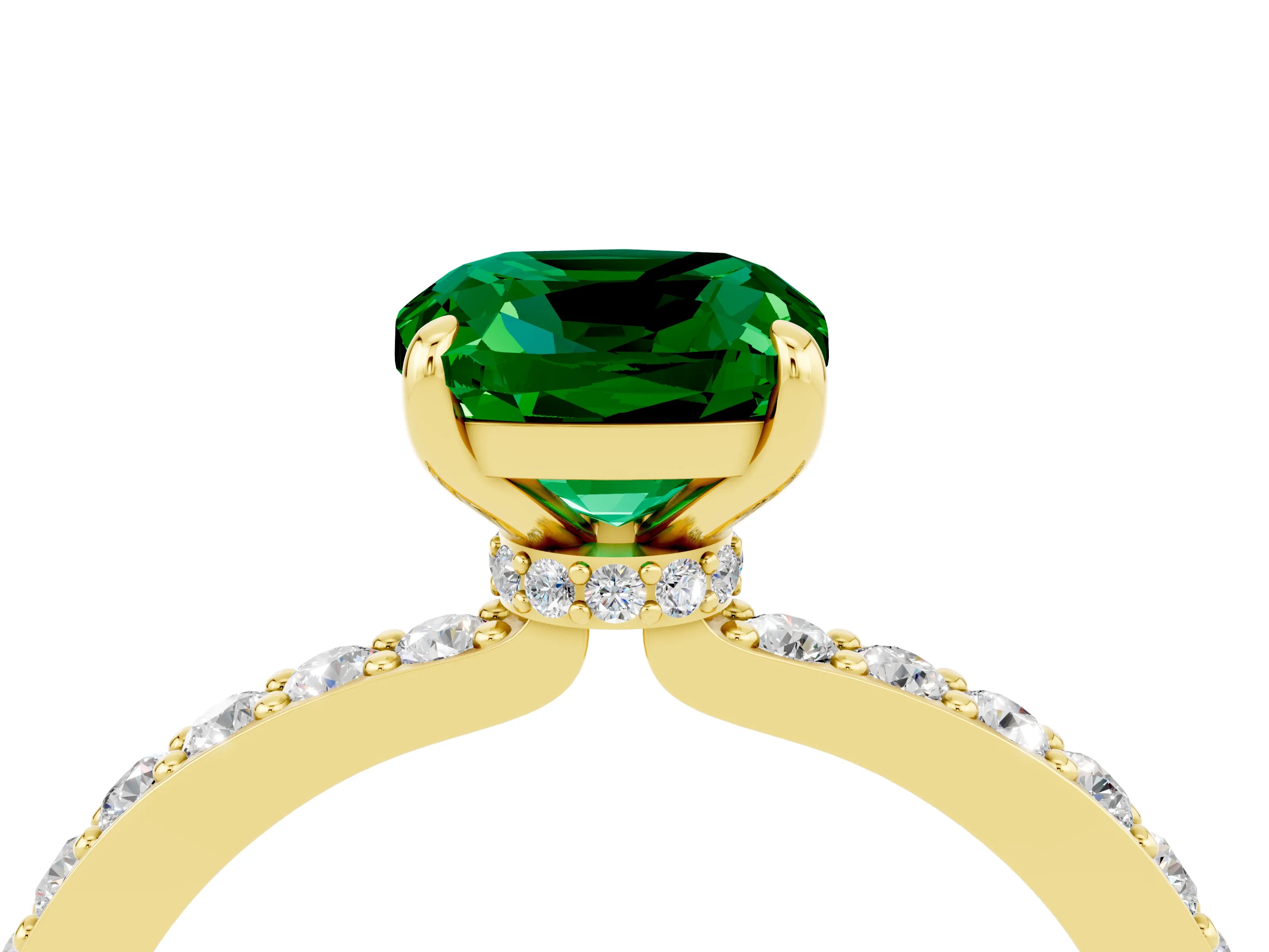 Yellow gold Cushion Cut Emerald Ring with Pavé Band and Four-Prong Setting_4