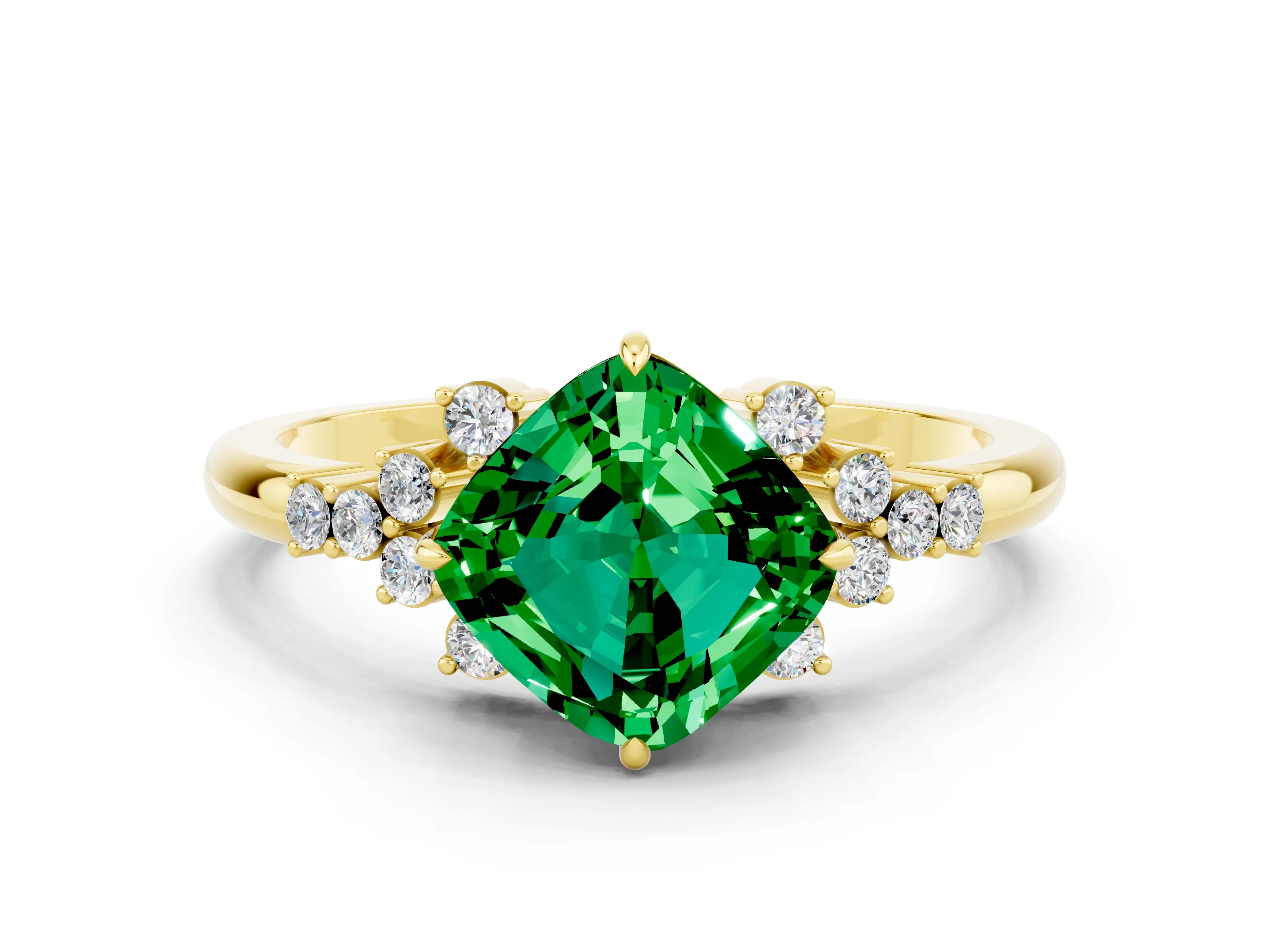 Yellow gold Cushion Cut Emerald Ring with Side Stones and Four-Prong Setting_36