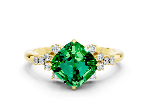 Yellow gold Cushion Cut Emerald Ring with Side Stones and Four-Prong Setting