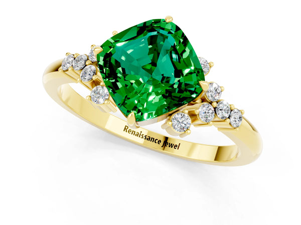Yellow gold Cushion Cut Emerald Ring with Side Stones and Four-Prong Setting