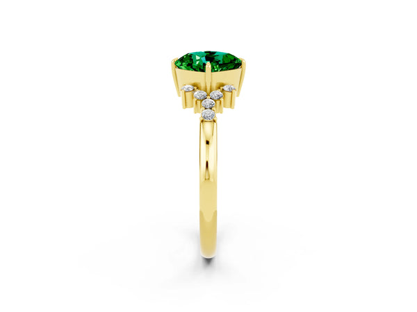Yellow gold Cushion Cut Emerald Ring with Side Stones and Four-Prong Setting