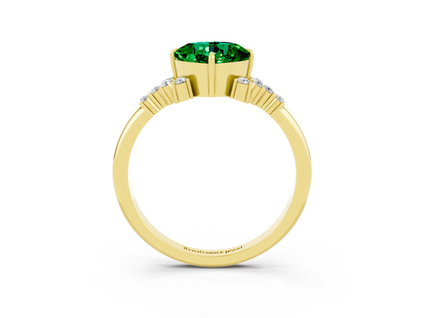 Yellow gold Cushion Cut Emerald Ring with Side Stones and Four-Prong Setting