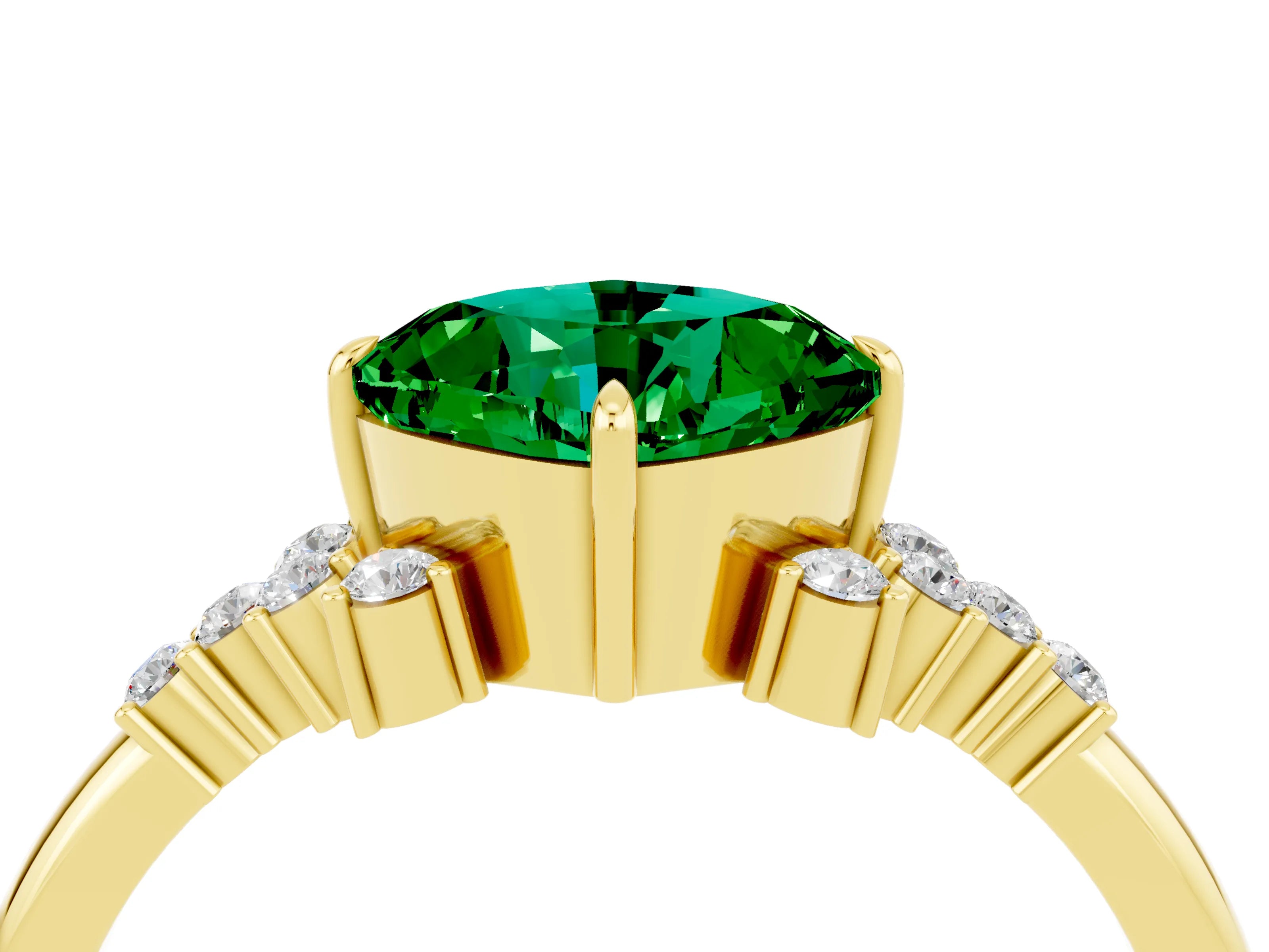 Yellow gold Cushion Cut Emerald Ring with Side Stones and Four-Prong Setting_40
