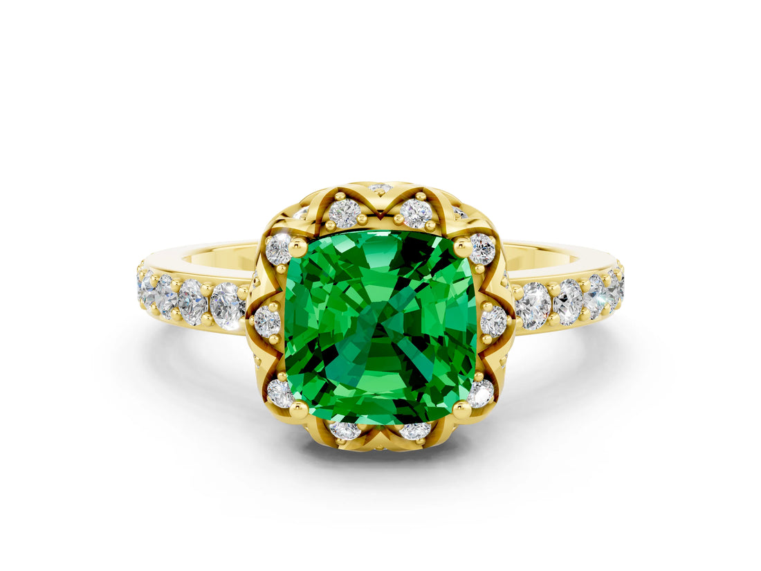 Yellow gold Cushion Cut Emerald Scalloped Halo Engagement Ring with Round Shared Prong Band_24