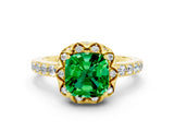 Yellow gold Cushion Cut Emerald Scalloped Halo Engagement Ring with Round Shared Prong Band_24