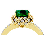 Yellow gold Cushion Cut Emerald Scalloped Halo Engagement Ring with Round Shared Prong Band_28