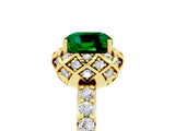 Yellow gold Cushion Cut Emerald Scalloped Halo Engagement Ring with Round Shared Prong Band_29