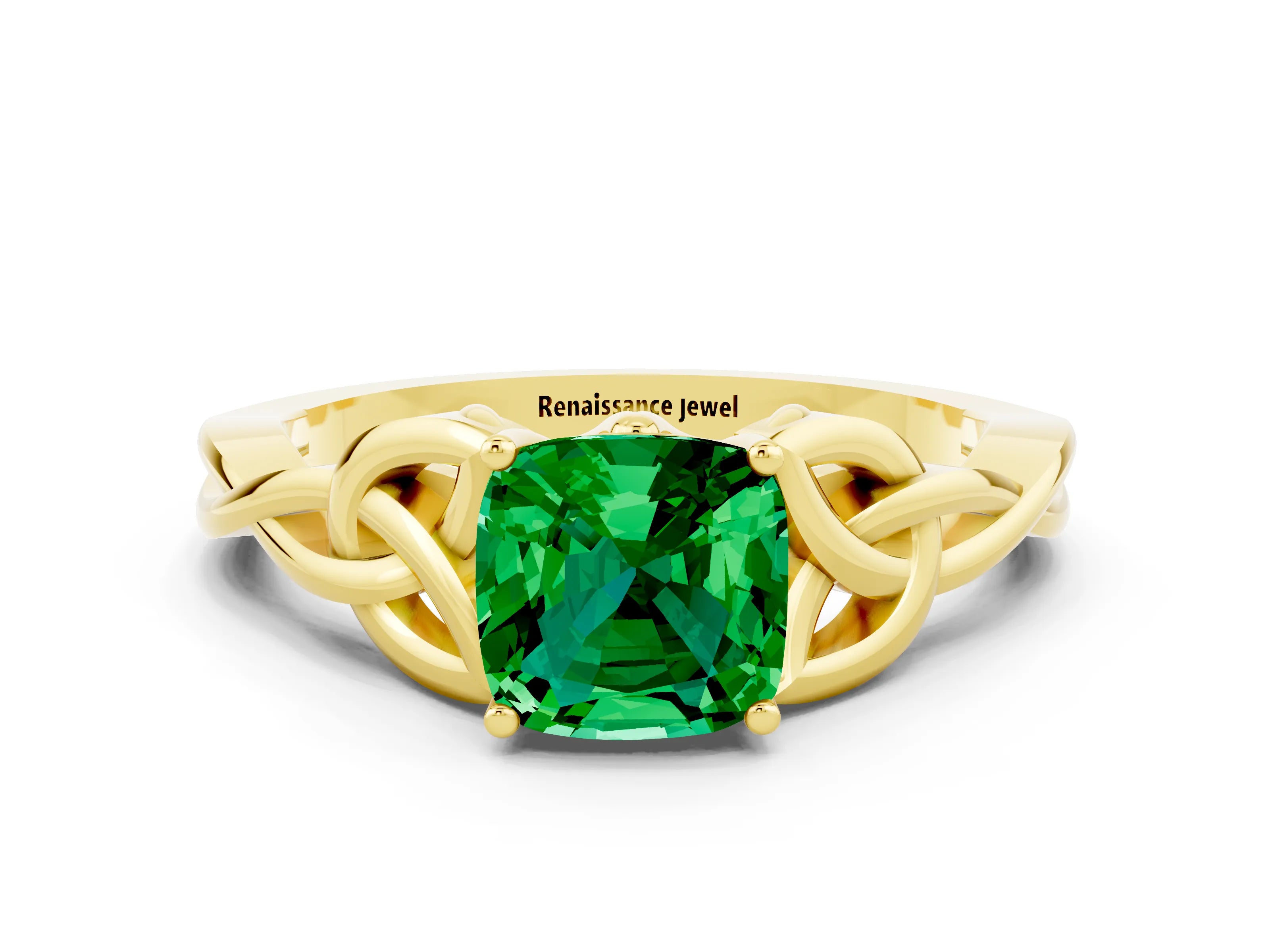 Yellow gold Cushion Cut Emerald Solitaire Celtic Knot Ring with Four-Prong Setting_12