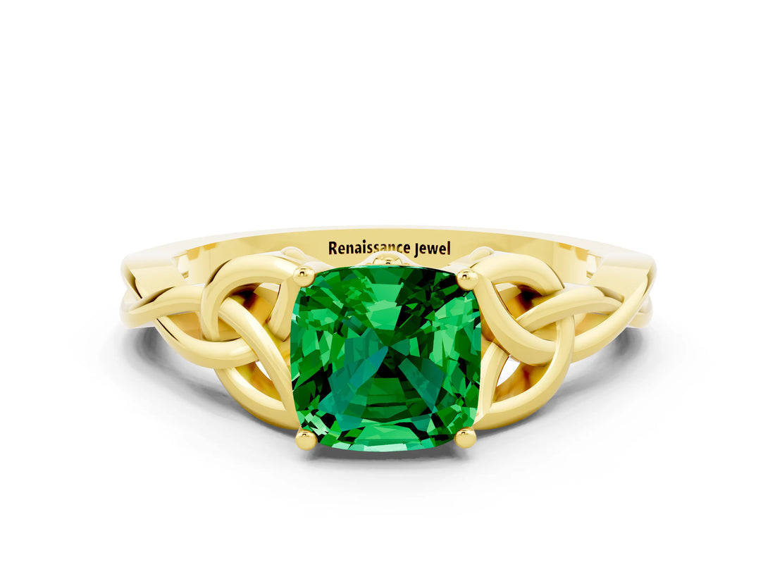 Yellow gold Cushion Cut Emerald Solitaire Celtic Knot Ring with Four-Prong Setting_12