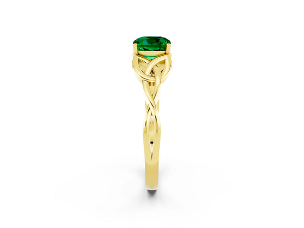 Yellow gold Cushion Cut Emerald Solitaire Celtic Knot Ring with Four-Prong Setting