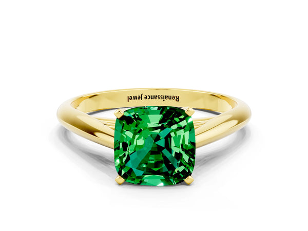 Yellow gold Cushion Cut Emerald Solitaire Engagement Ring with Cathedral Setting and Four-Prong Mount