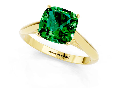 Yellow gold Cushion Cut Emerald Solitaire Engagement Ring with Cathedral Setting and Four-Prong Mount_13