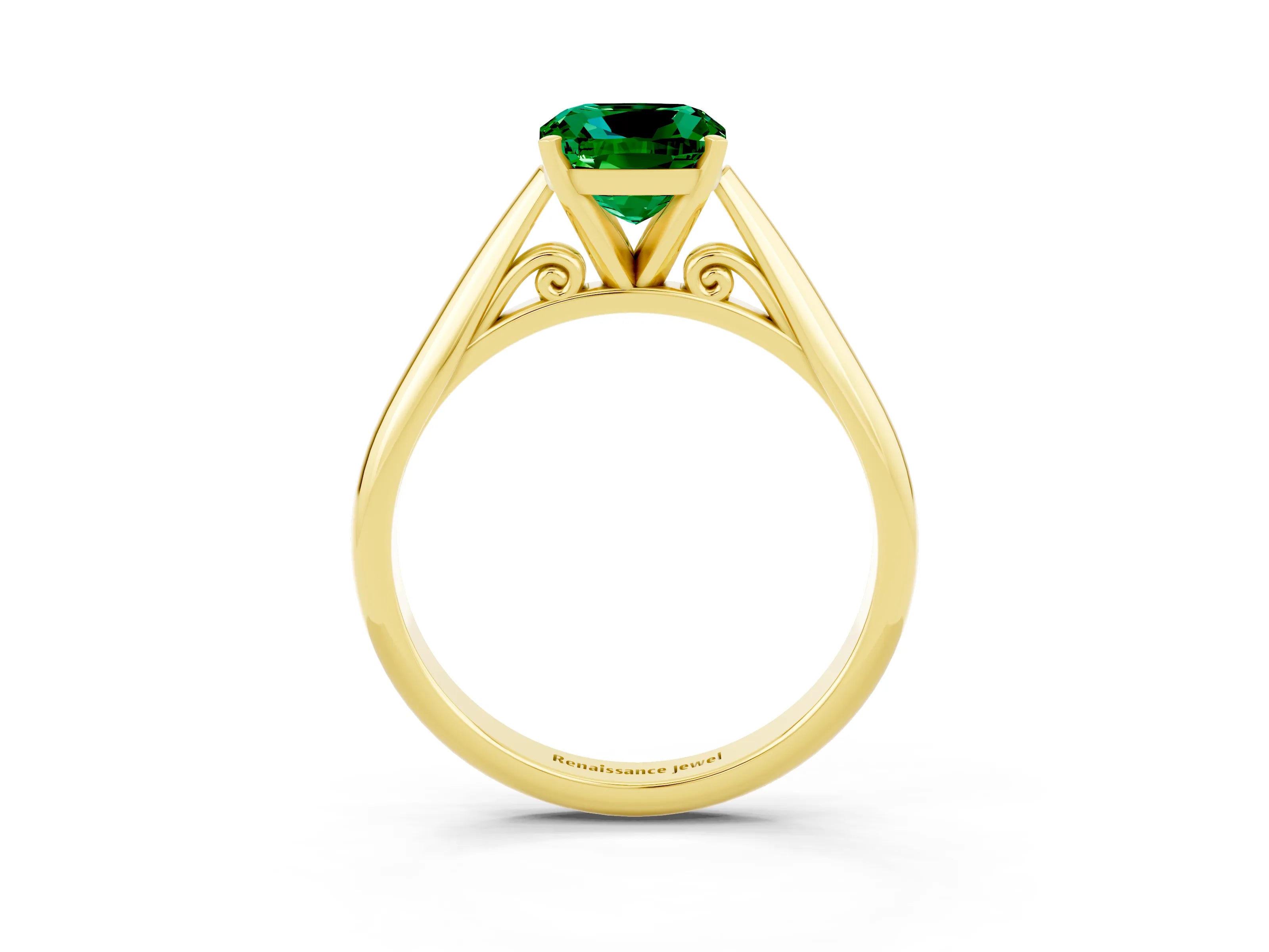Yellow gold Cushion Cut Emerald Solitaire Engagement Ring with Cathedral Setting and Four-Prong Mount_15
