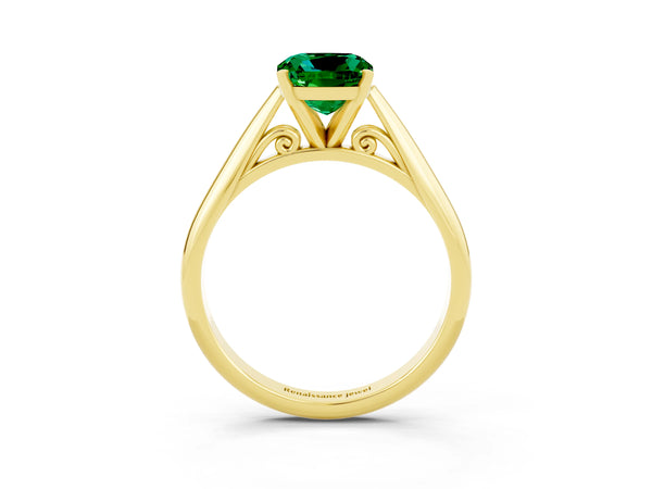 Yellow gold Cushion Cut Emerald Solitaire Engagement Ring with Cathedral Setting and Four-Prong Mount