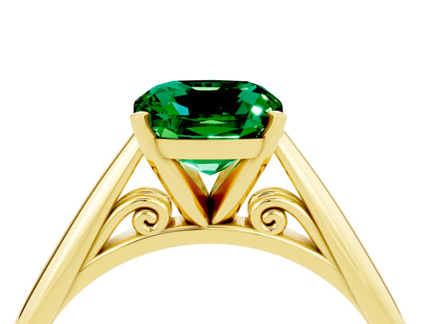 Yellow gold Cushion Cut Emerald Solitaire Engagement Ring with Cathedral Setting and Four-Prong Mount_16
