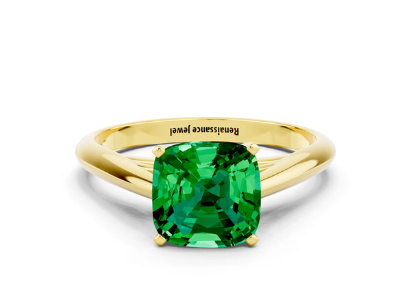 Yellow gold Cushion Cut Emerald Solitaire Engagement Ring with Cathedral Setting and Four-Prong Mount