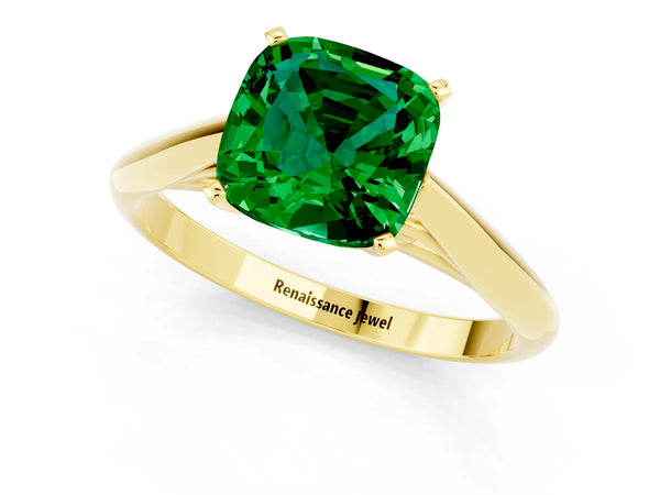 Yellow gold Cushion Cut Emerald Solitaire Engagement Ring with Cathedral Setting and Four-Prong Mount