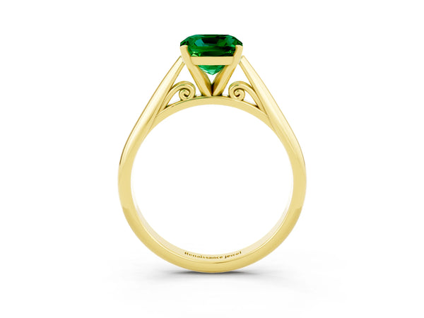 Yellow gold Cushion Cut Emerald Solitaire Engagement Ring with Cathedral Setting and Four-Prong Mount