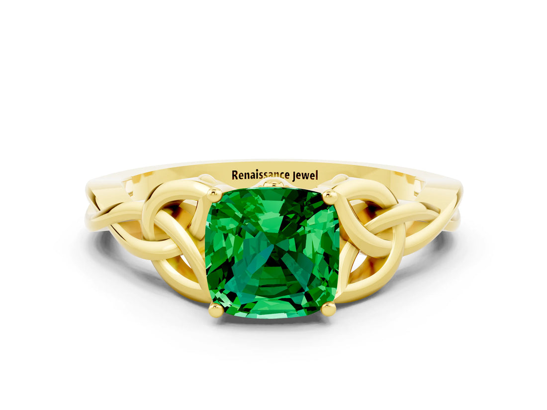 Yellow gold Cushion Cut Emerald Solitaire Engagement Ring with Celtic Knot Band and Four-Prong Setting