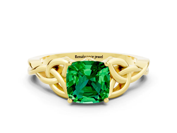 Yellow gold Cushion Cut Emerald Solitaire Engagement Ring with Celtic Knot Band and Four-Prong Setting