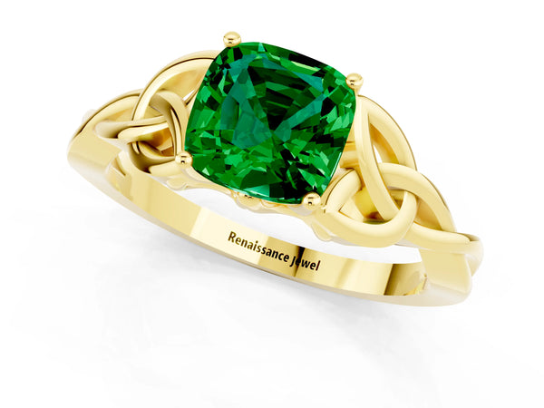 Yellow gold Cushion Cut Emerald Solitaire Engagement Ring with Celtic Knot Band and Four-Prong Setting