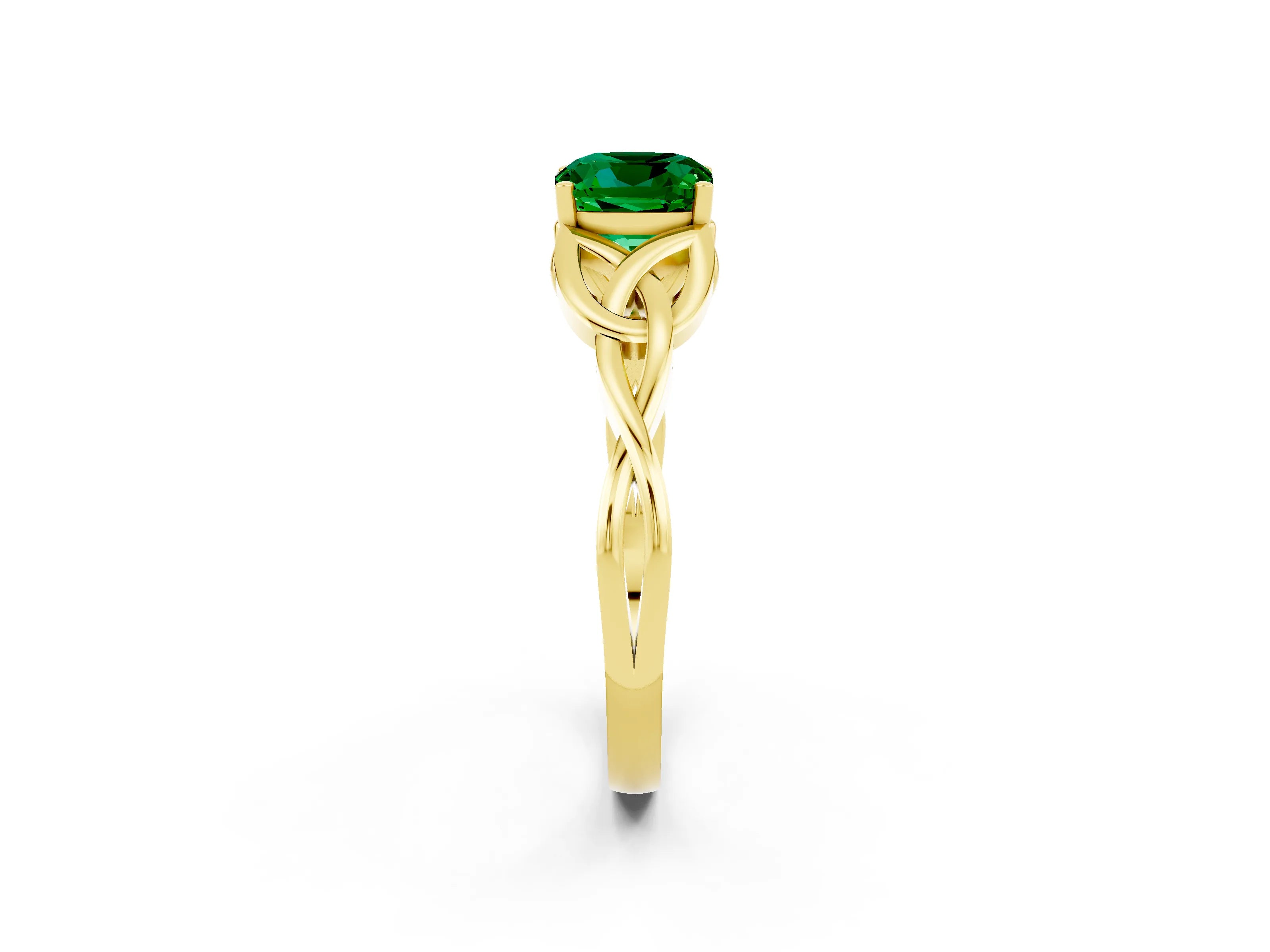 Yellow gold Cushion Cut Emerald Solitaire Engagement Ring with Celtic Knot Band and Four-Prong Setting_2