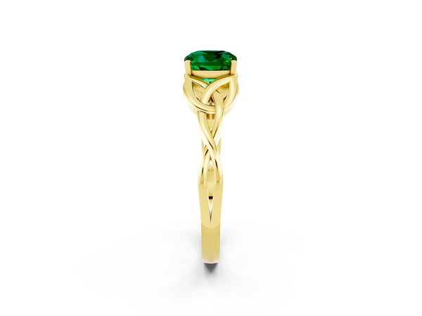 Yellow gold Cushion Cut Emerald Solitaire Engagement Ring with Celtic Knot Band and Four-Prong Setting