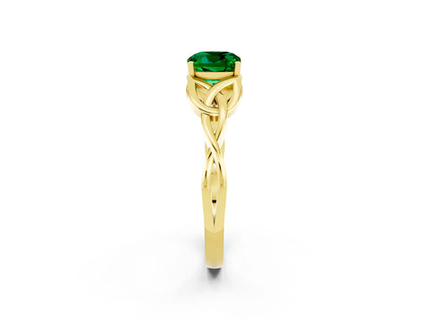 Yellow gold Cushion Cut Emerald Solitaire Engagement Ring with Celtic Knot Band and Four-Prong Setting_2