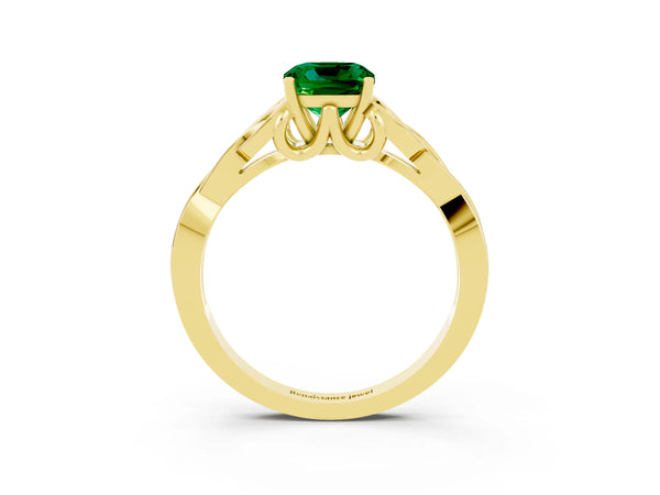 Yellow gold Cushion Cut Emerald Solitaire Engagement Ring with Celtic Knot Band and Four-Prong Setting